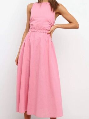 New Petal And Pup Linen Blend Esther Midi Dress Pink